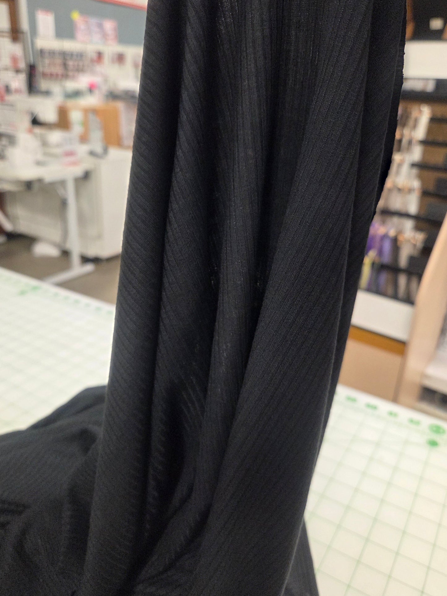 LA Designer Deadstock 4 x2 Black Viscose Spandex Rib Knit Slight Sheen Solid- by the yard