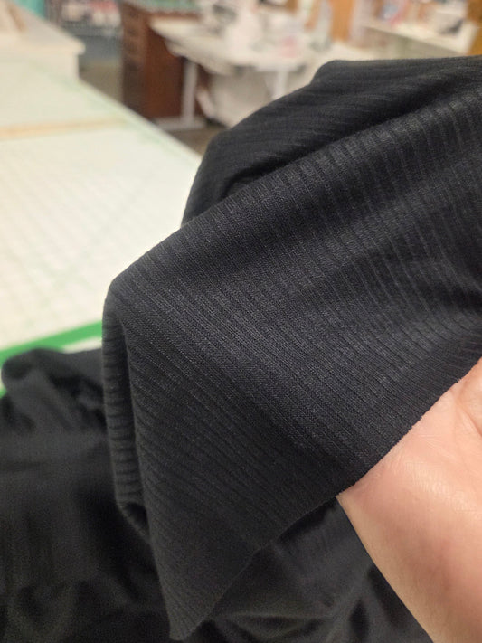 Wholesale 5 yard cut: LA Designer Deadstock 4 x2 Black Viscose Spandex Rib Knit Slight Sheen Solid