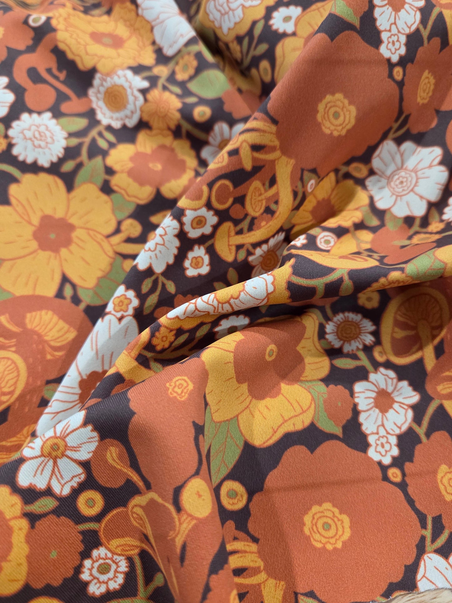LA Designer Deadstock Woodland Retro Florals and Mushrooms Brown Activewear/Swim Nylon Spandex Moisture Wicking Knit- by the yard