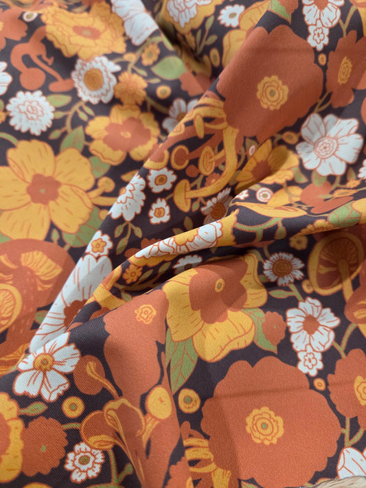LA Designer Deadstock Woodland Retro Florals and Mushrooms Brown Activewear/Swim Nylon Spandex Moisture Wicking Knit- by the yard