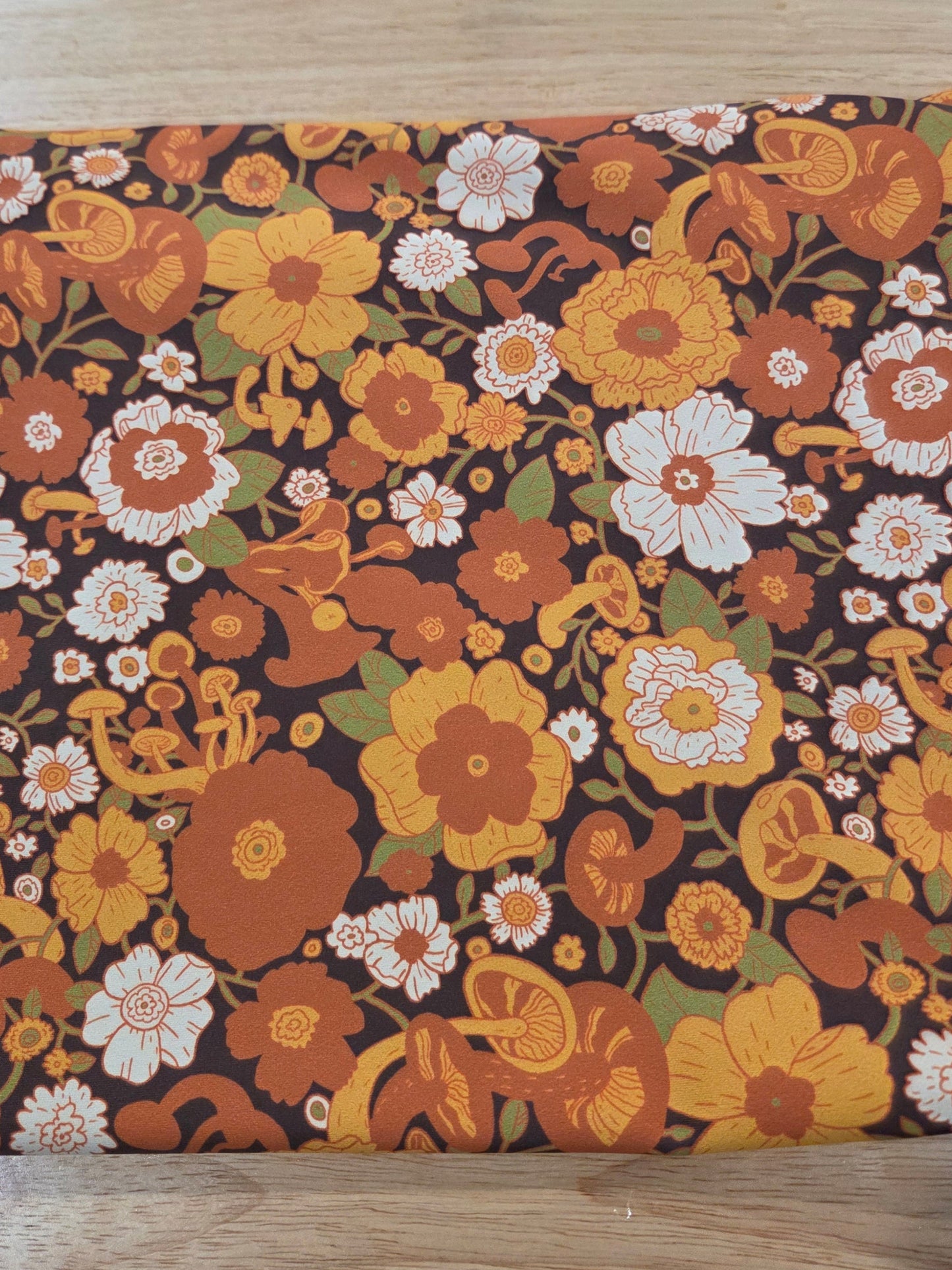 LA Designer Deadstock Woodland Retro Florals and Mushrooms Brown Activewear/Swim Nylon Spandex Moisture Wicking Knit- by the yard