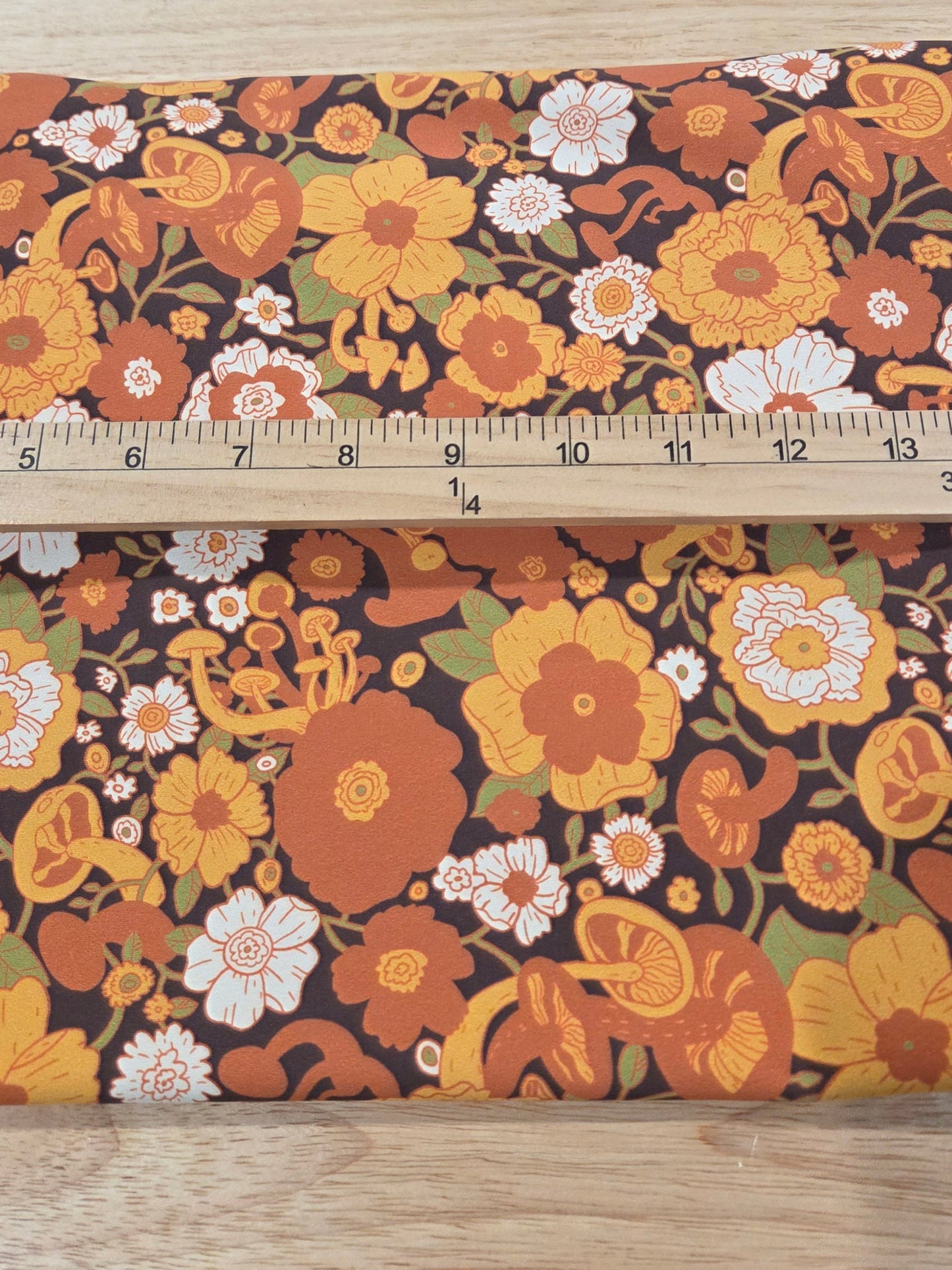 LA Designer Deadstock Woodland Retro Florals and Mushrooms Brown Activewear/Swim Nylon Spandex Moisture Wicking Knit- by the yard