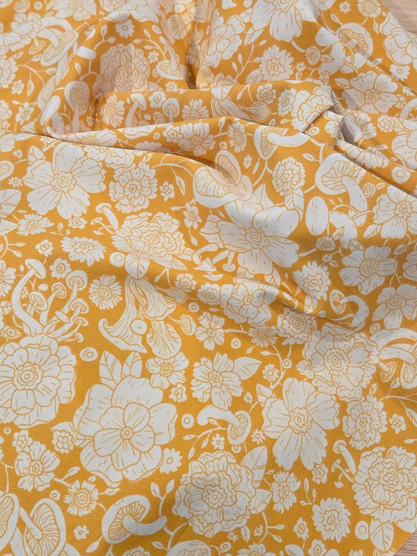 LA Designer Deadstock Woodland Retro Goldrenrod Yellow Florals and Mushrooms Activewear/Swim Nylon Spandex Moisture Wicking Knit- by the yard