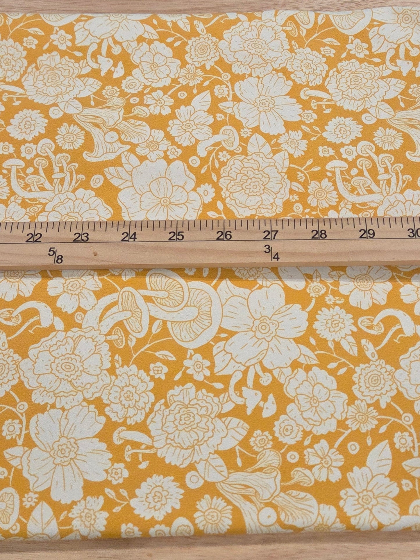 LA Designer Deadstock Woodland Retro Goldrenrod Yellow Florals and Mushrooms Activewear/Swim Nylon Spandex Moisture Wicking Knit- by the yard