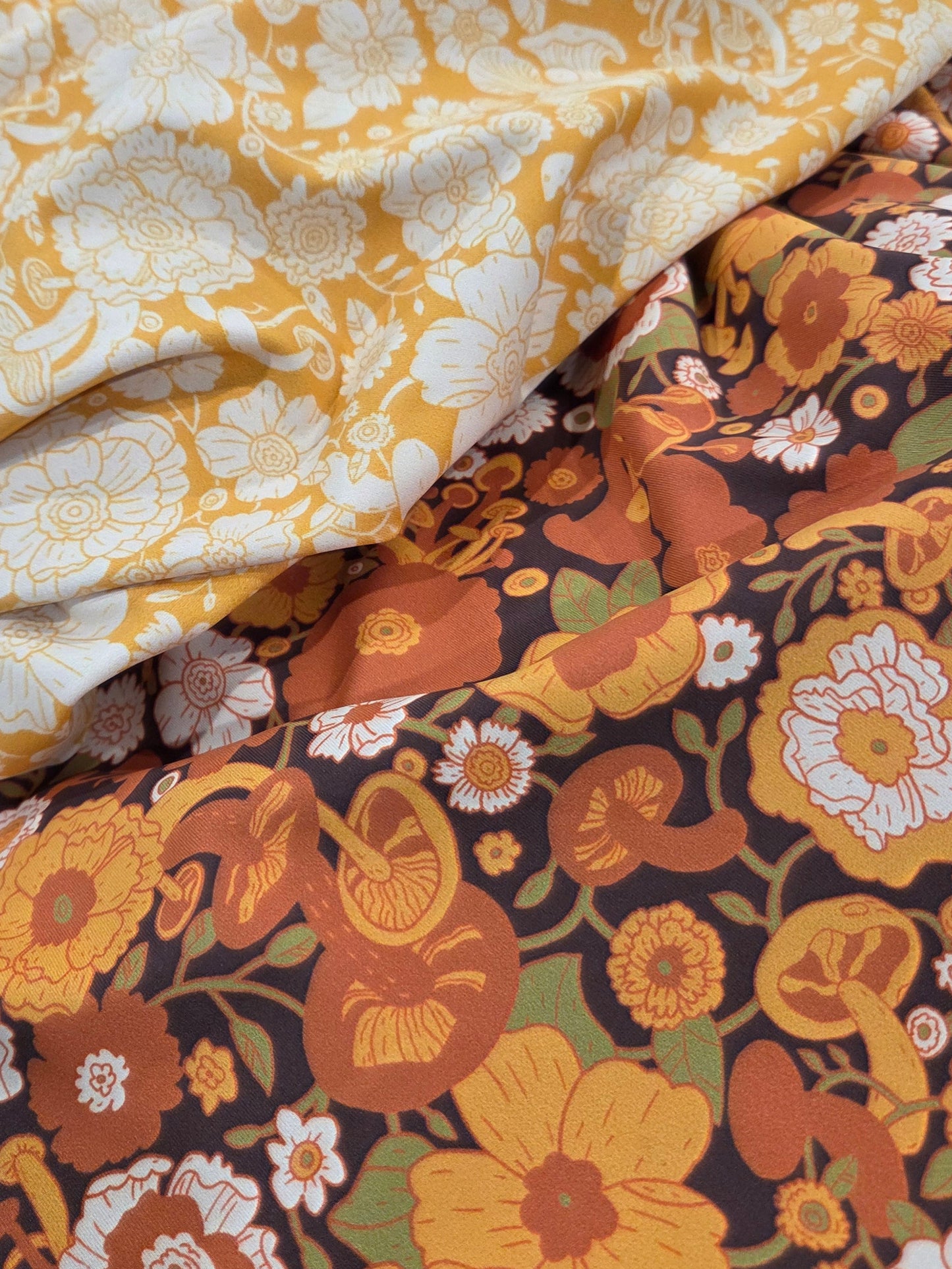 LA Designer Deadstock Woodland Retro Florals and Mushrooms Brown Activewear/Swim Nylon Spandex Moisture Wicking Knit- by the yard