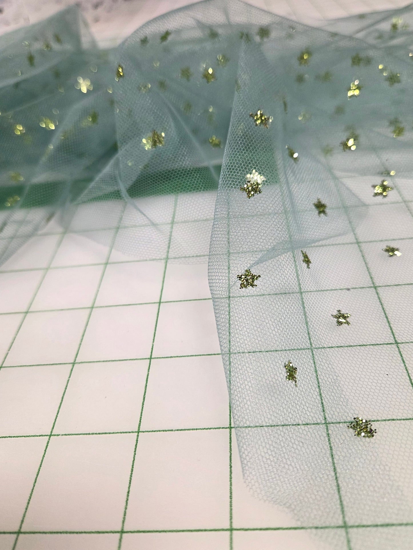Designer Deadstock Gold Glitter Star Special Occasion Mint Tulle Woven- by the yard