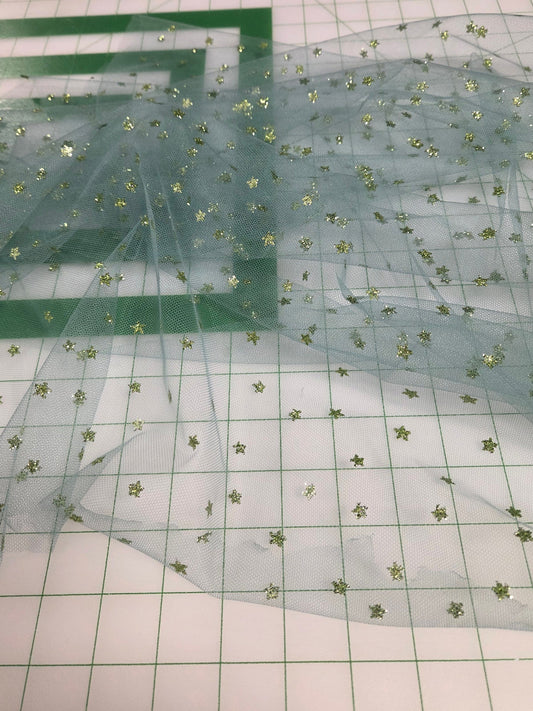Designer Deadstock Gold Glitter Star Special Occasion Mint Tulle Woven- by the yard