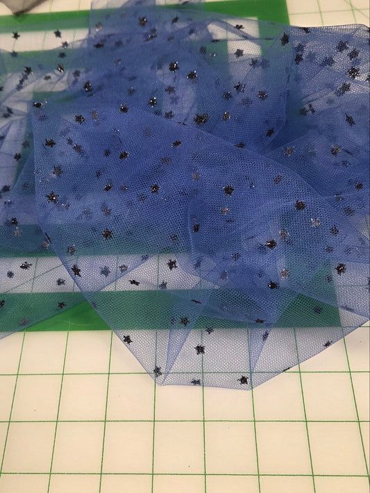 Designer Deadstock Black Glitter Star Special Occasion Royal Blue Tulle Woven- by the yard