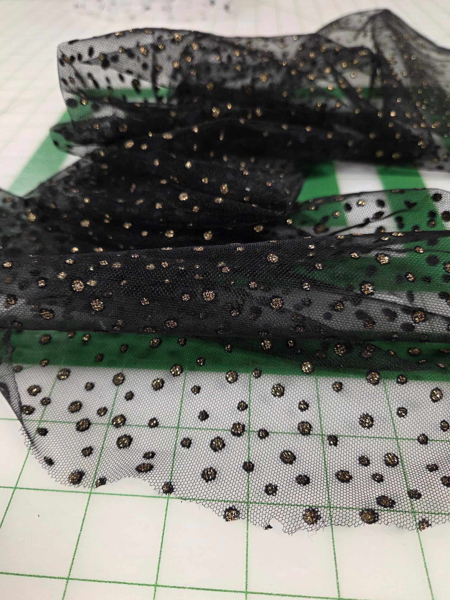 Designer Deadstock Gold Glitter Dot Special Occasion Black Tulle Woven- by the yard