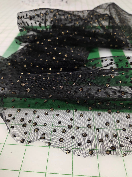 Designer Deadstock Gold Glitter Dot Special Occasion Black Tulle Woven- by the yard