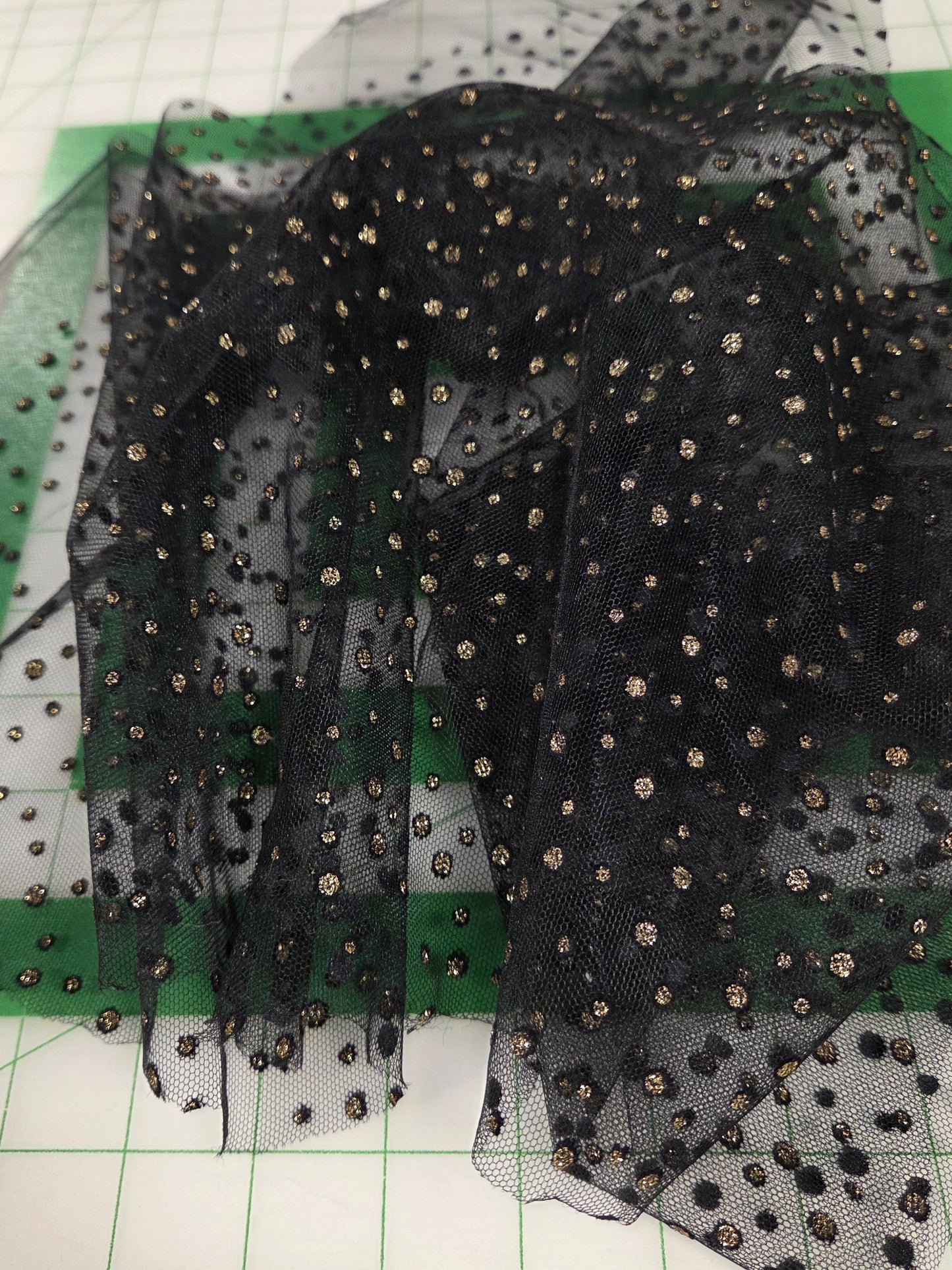 Designer Deadstock Gold Glitter Dot Special Occasion Black Tulle Woven- by the yard