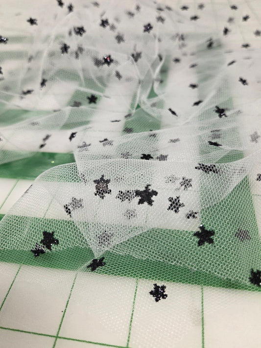 Designer Deadstock Black Glitter Star Special Occasion White Tulle Woven- by the yard