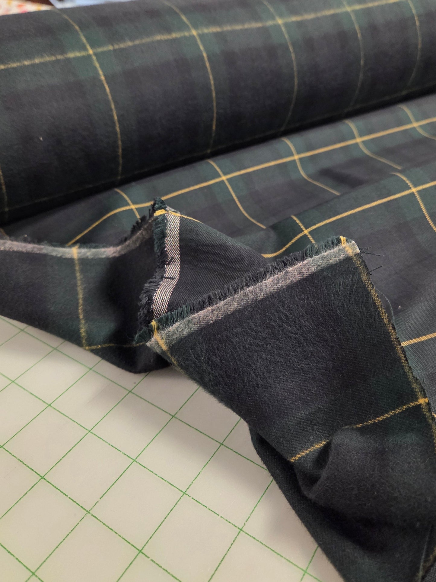 Designer Deadstock Single Brushed 5.13oz Forest Plaid Flannel Green and Blue Cotton Woven- by the yard