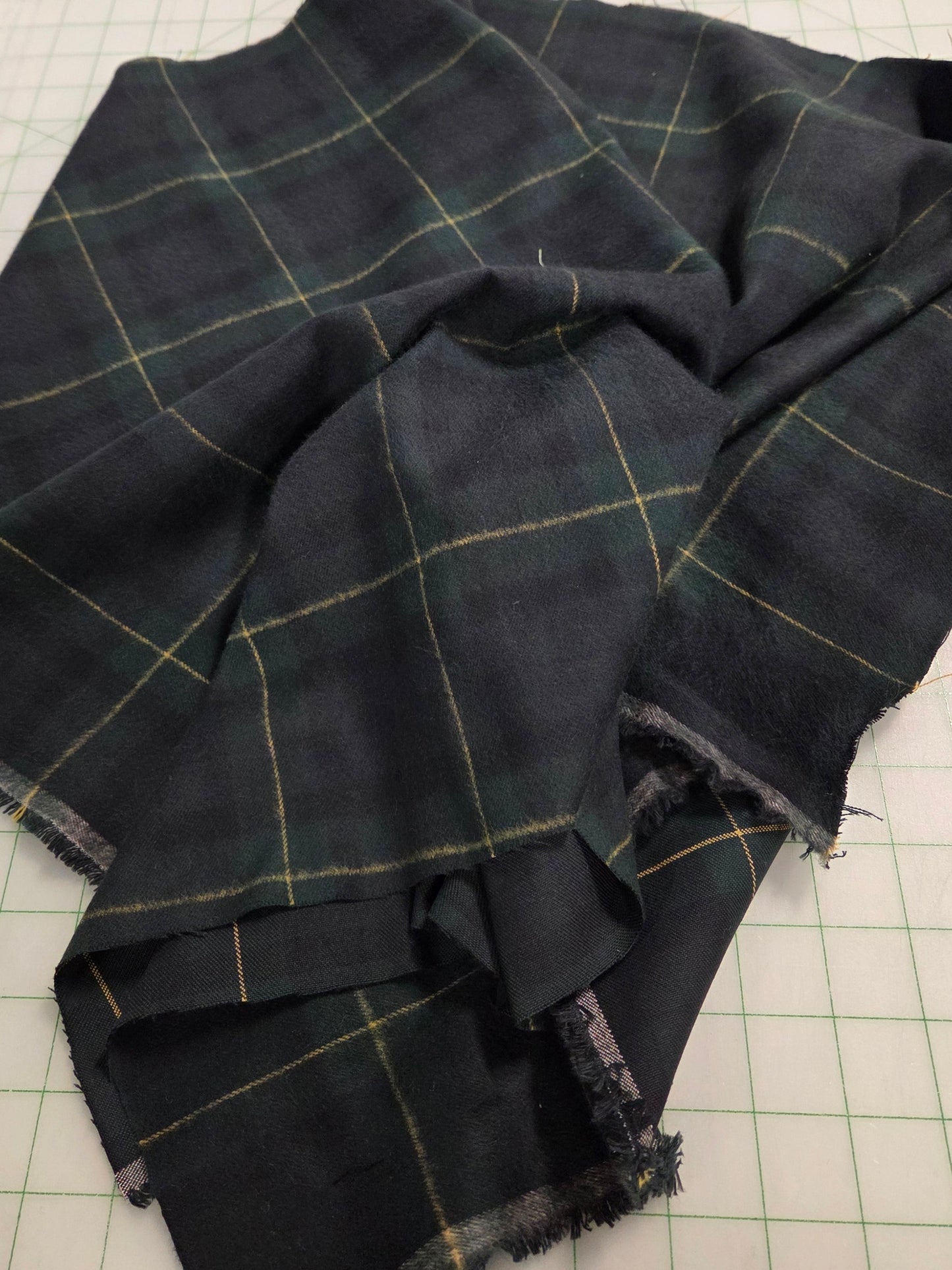 Designer Deadstock Single Brushed 5.13oz Forest Plaid Flannel Green and Blue Cotton Woven- by the yard