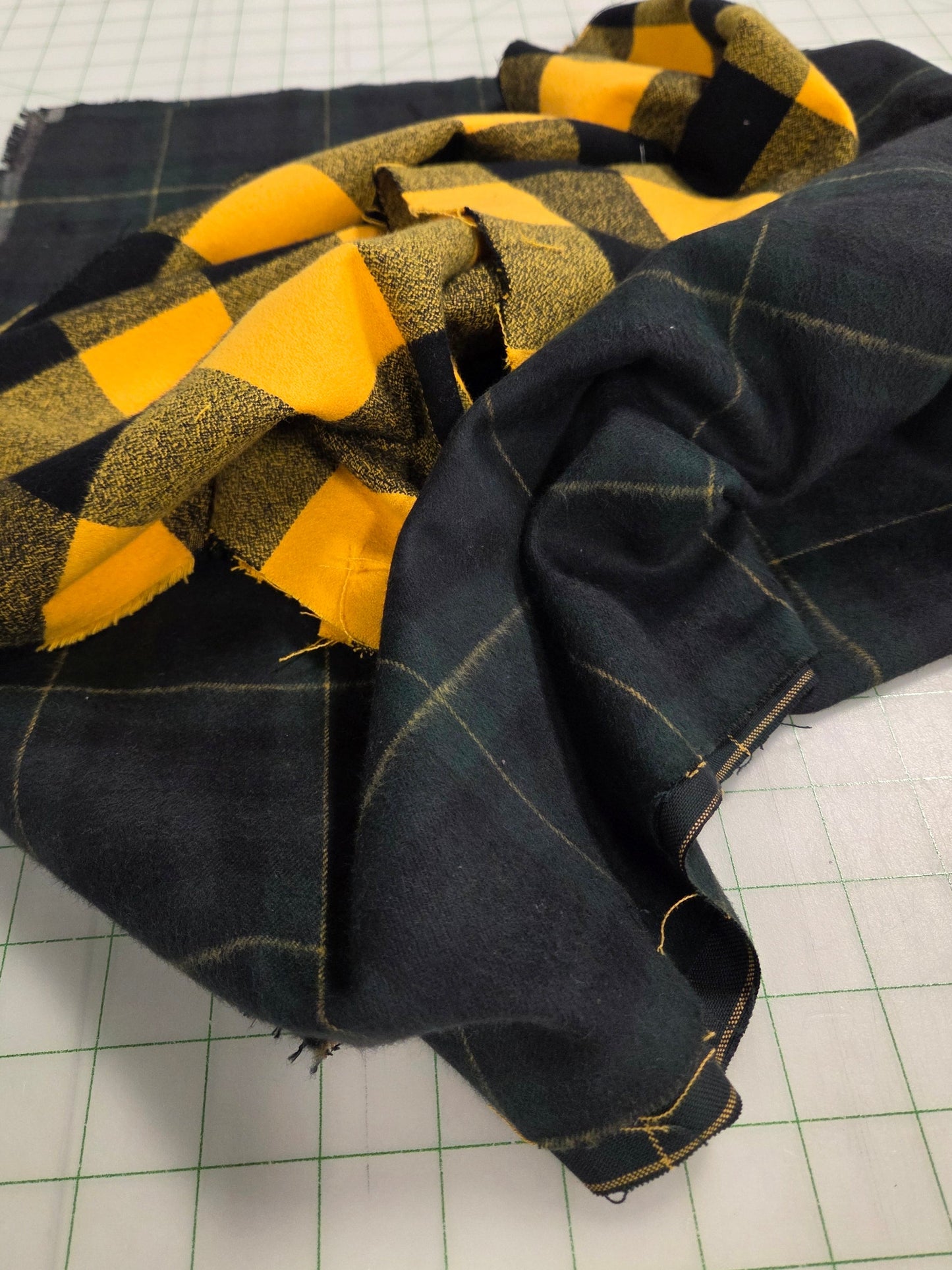 Designer Deadstock Single Brushed 5.13oz Forest Plaid Flannel Green and Blue Cotton Woven- by the yard