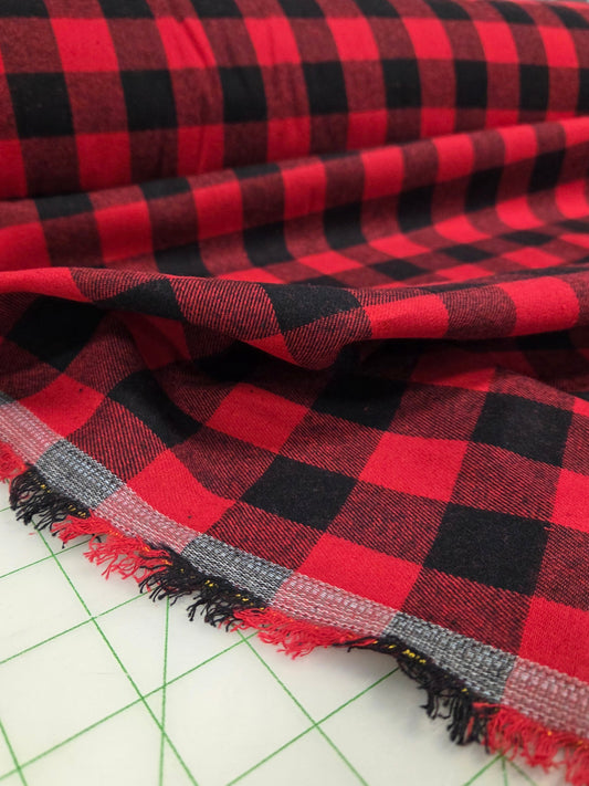 Designer Deadstock Shirting Yarn Dyed Buffalo Check Red and Black Cotton Woven- by the yard