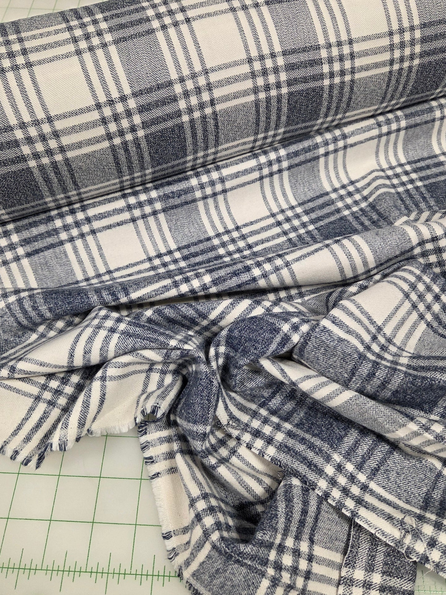 Designer Deadstock Shirting Yarn Dyed Blue and Cream Flannel Cotton Woven- by the yard