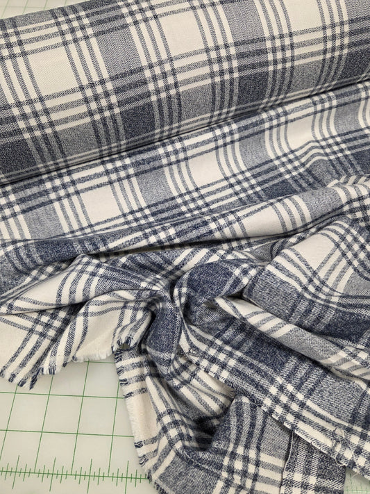 Designer Deadstock Shirting Yarn Dyed Blue and Cream Flannel Cotton Woven- by the yard