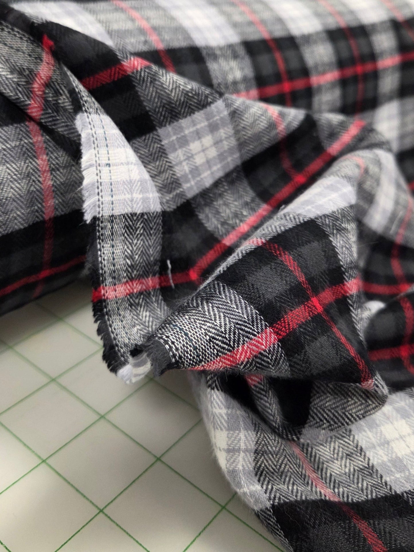 Designer Deadstock Shirting Yarn Dyed Herringbone Weave Black and Red Flannel Cotton Woven- by the yard