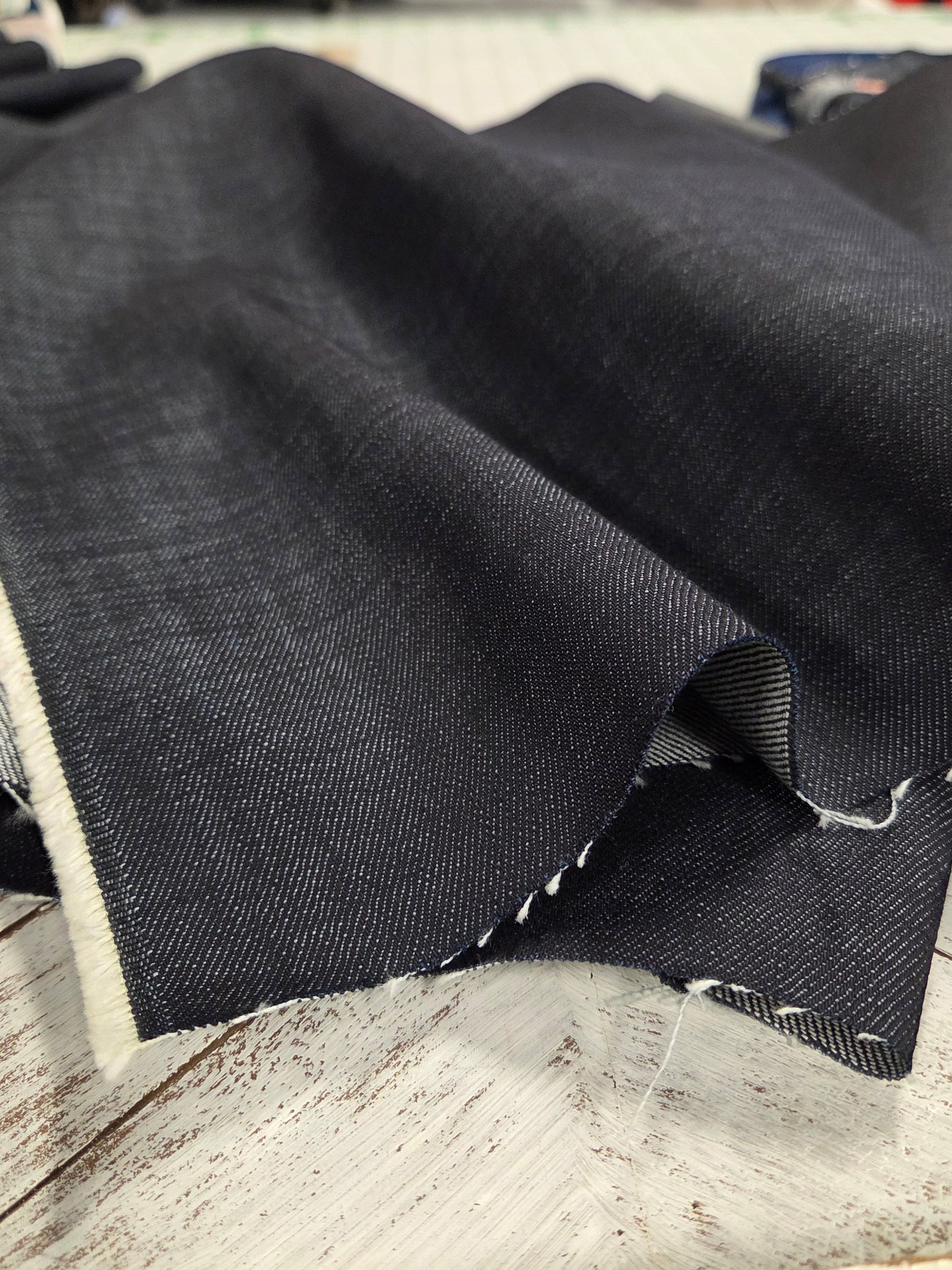 japan denim, for a milanese italian luxury designer. fabric by the yard. tru dark indigo denim. 12 oz cotton