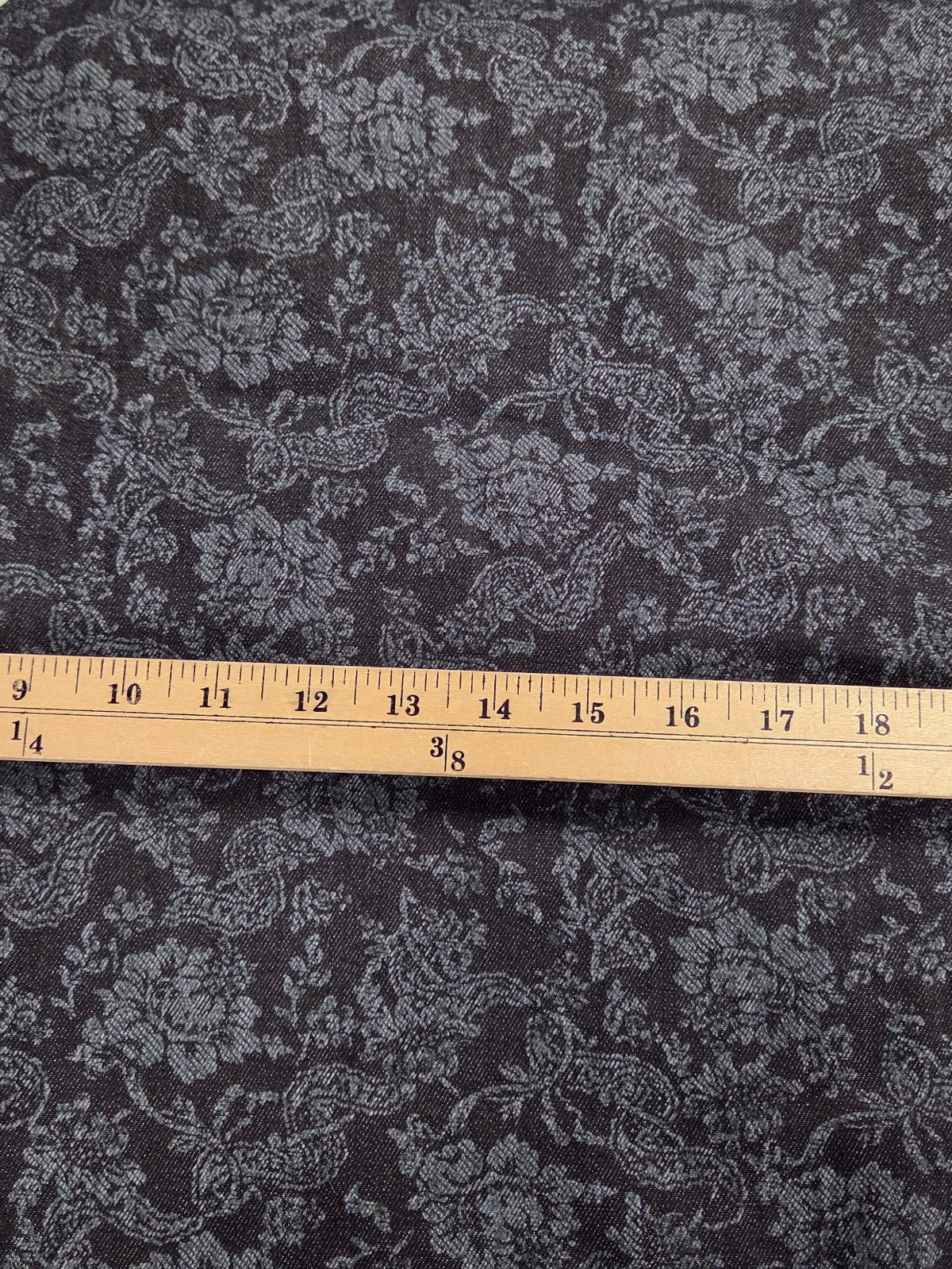 Italian Designer Deadstock Paisley Vines Printed Dark Indigo Denim Woven- by the yard