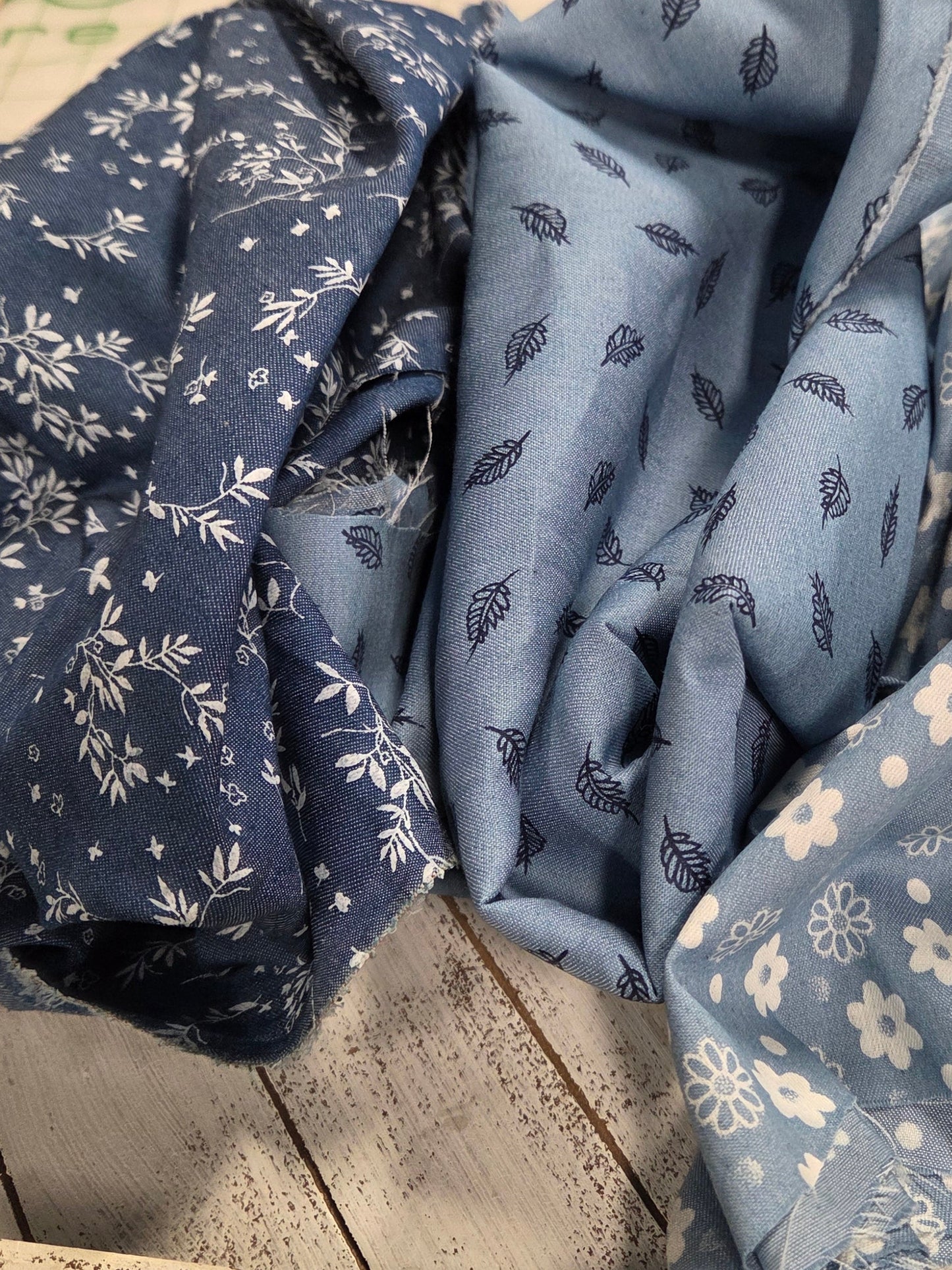 Cotton Blend Printed Vines Floral Dark Chambray Shirting Woven- by the yard