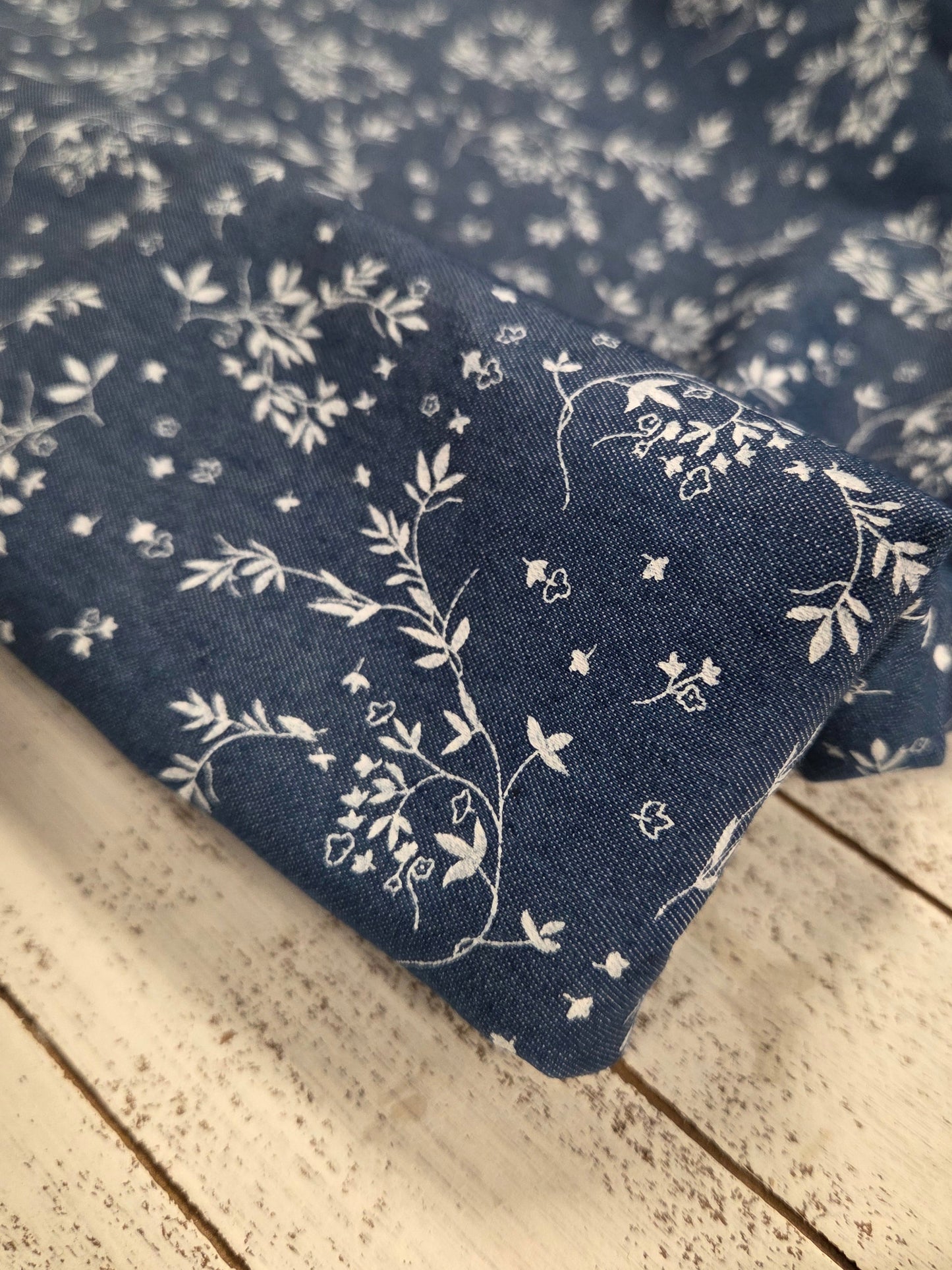 Cotton Blend Printed Vines Floral Dark Chambray Shirting Woven- by the yard