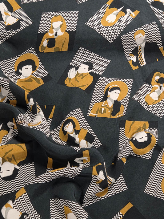 Designer Deadstock Italian Viscose Prints- Twin Peaks Inspired Prints Character Portraits Woven- by the yard