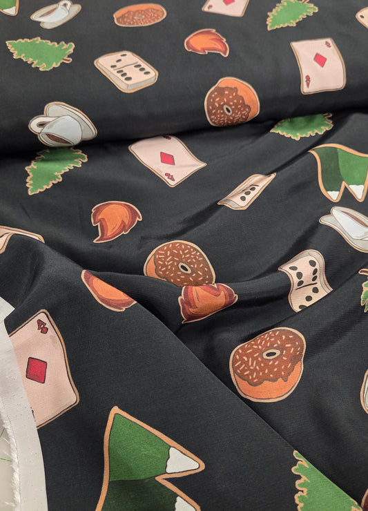 Designer Deadstock Italian Viscose Prints- Twin Peaks Inspired Prints Hank Jennings Lucky Charm Woven- by the yard