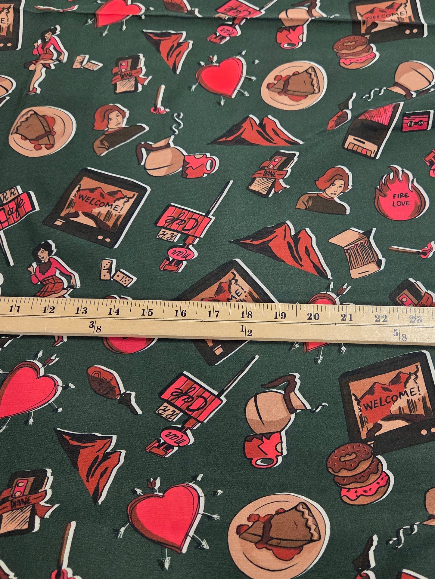 Designer Deadstock Italian Viscose Prints- Twin Peaks Inspired Double R Diner Green Woven- by the yard