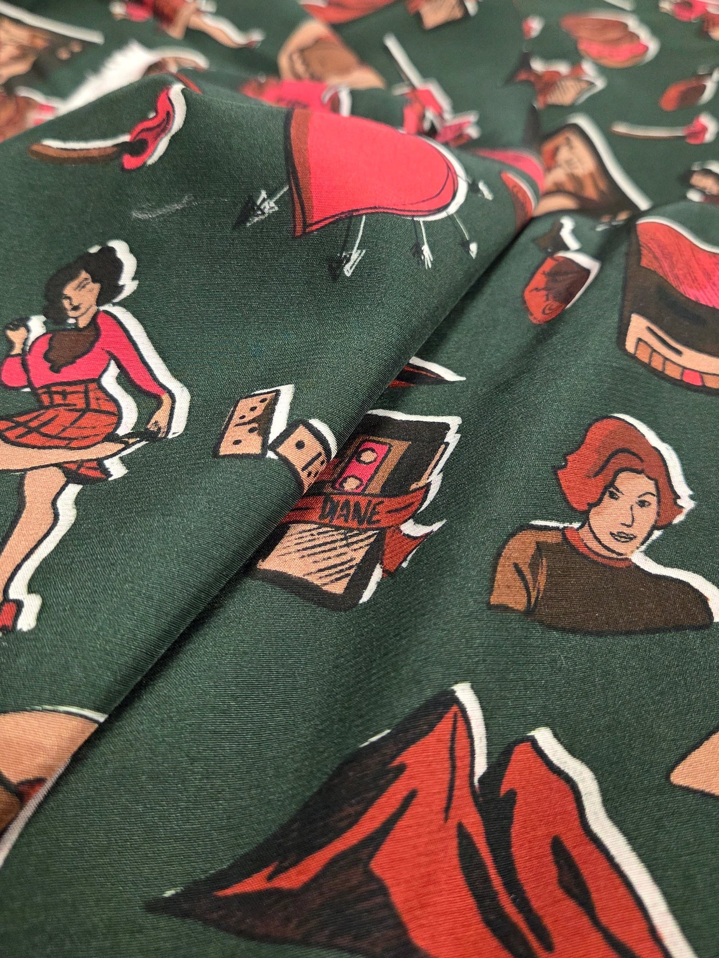 Designer Deadstock Italian Viscose Prints- Twin Peaks Inspired Double R Diner Green Woven- by the yard