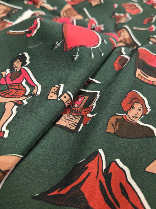 Designer Deadstock Italian Viscose Prints- Twin Peaks Inspired Double R Diner Green Woven- by the yard