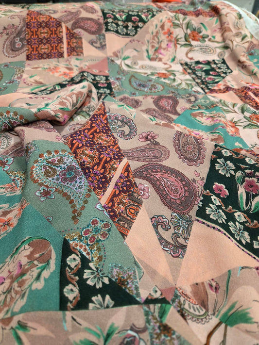 Designer Deadstock Italian Viscose Bohemian Patchwork Mauve Paisley Print Sheer Woven- by the yard