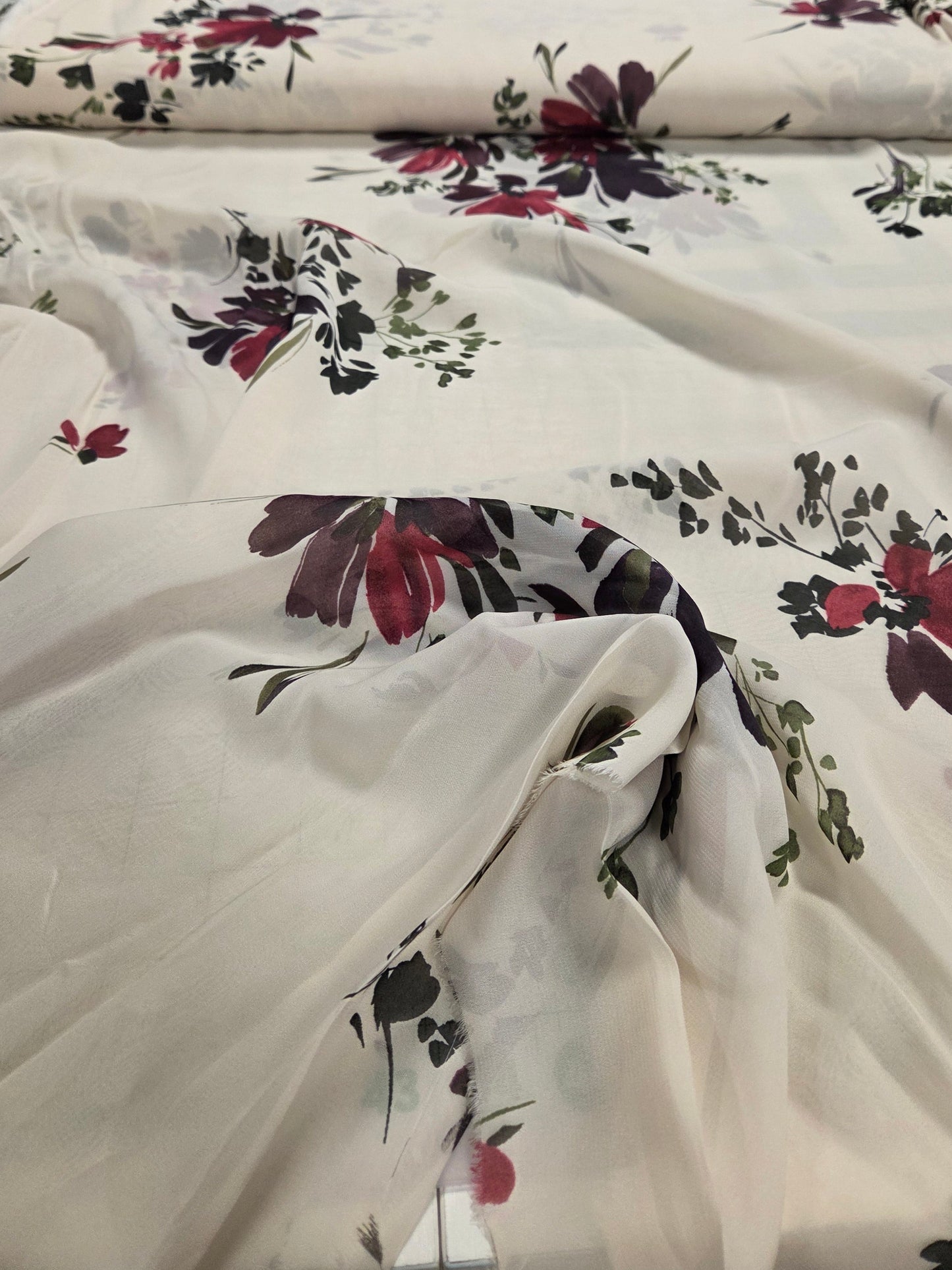 Designer Deadstock Italian Viscose  Romantic Large Scale Floral Cream and Burgundy Print Sheer Woven- by the yard