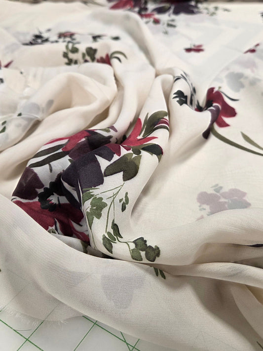 Designer Deadstock Italian Viscose  Romantic Large Scale Floral Cream and Burgundy Print Sheer Woven- by the yard