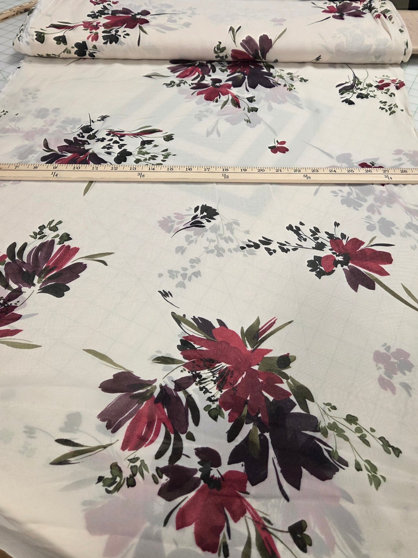 Designer Deadstock Italian Viscose  Romantic Large Scale Floral Cream and Burgundy Print Sheer Woven- by the yard