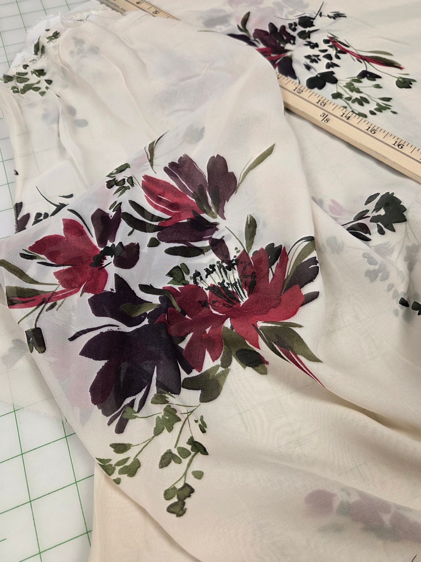 Designer Deadstock Italian Viscose  Romantic Large Scale Floral Cream and Burgundy Print Sheer Woven- by the yard