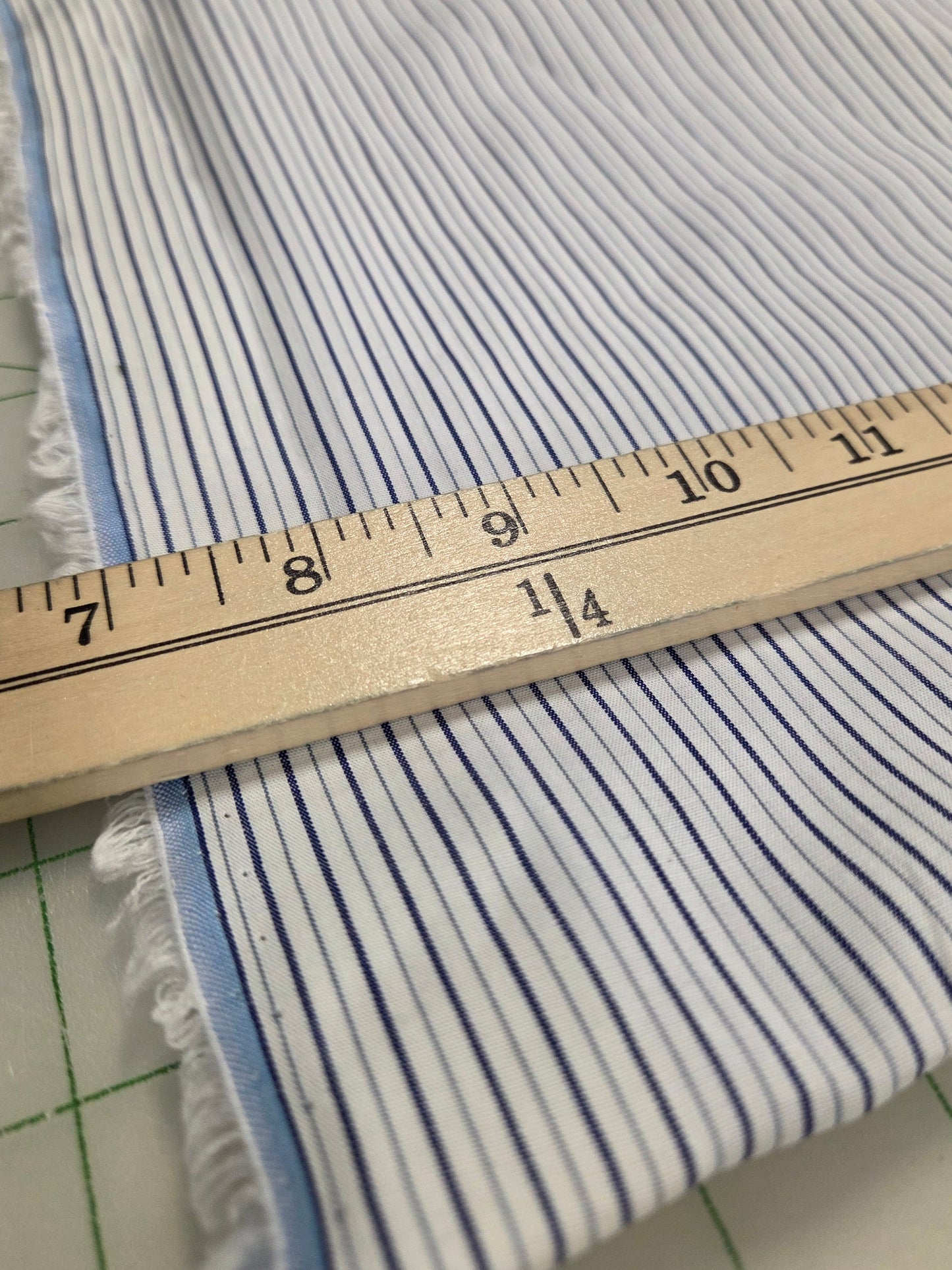 Designer Deadstock Ivory and Medium Blue an Sage Multi- Micro Stripe Poplin Woven- by the yard