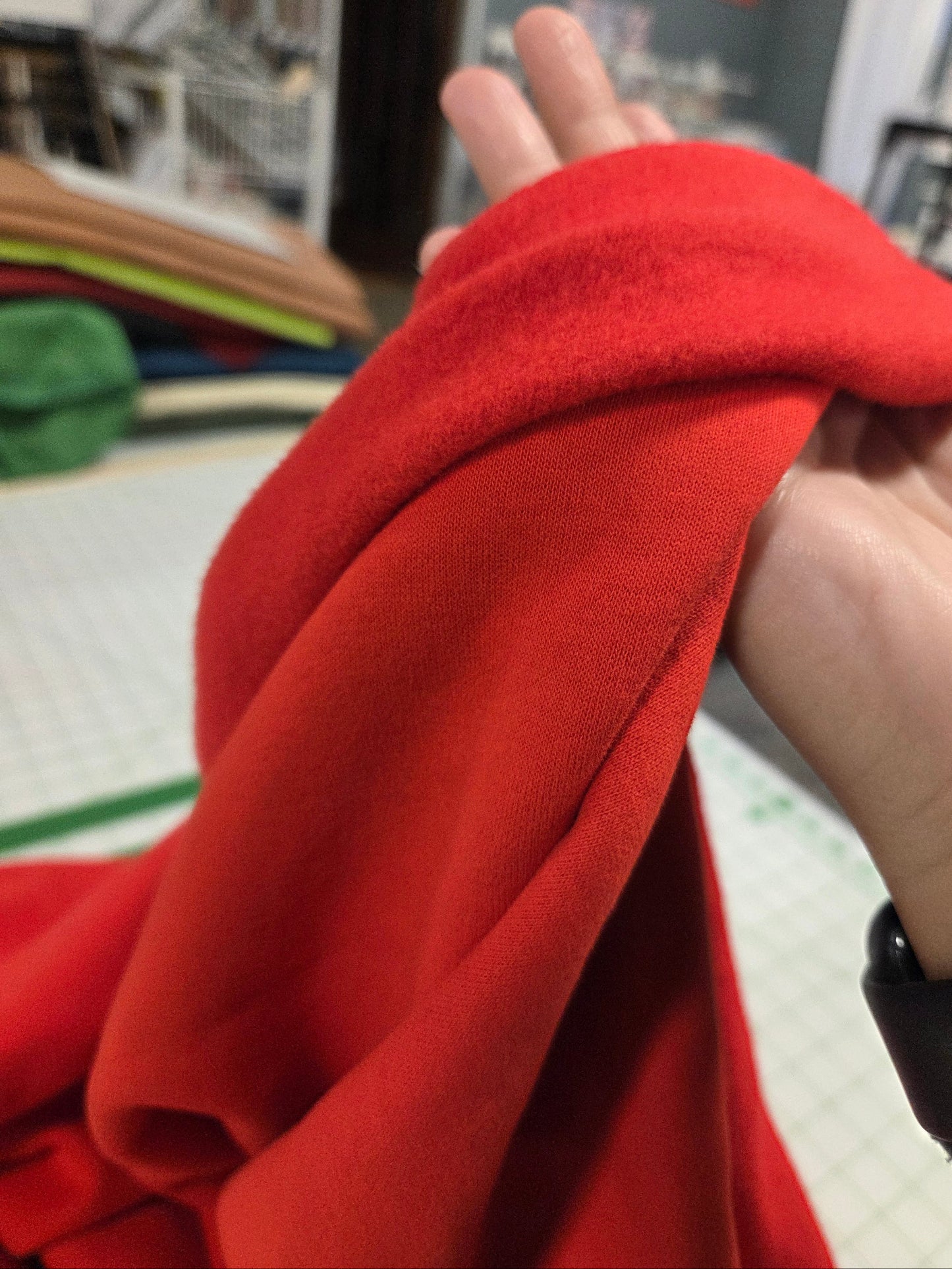 Designer Deadstock Apple Red Cotton Spandex Sweatshirt Fleece Solid Knit -by the yard