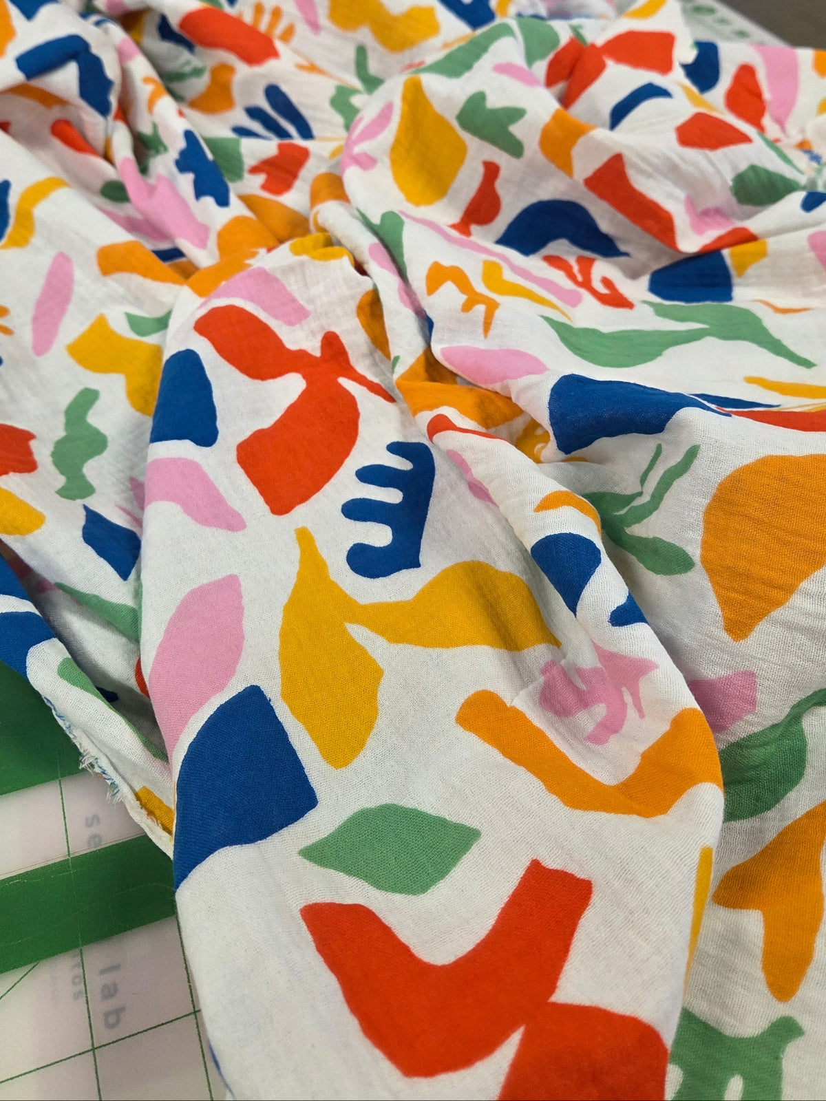 Designer Deadstock Geometric Cotton Double Gauze White Abstract