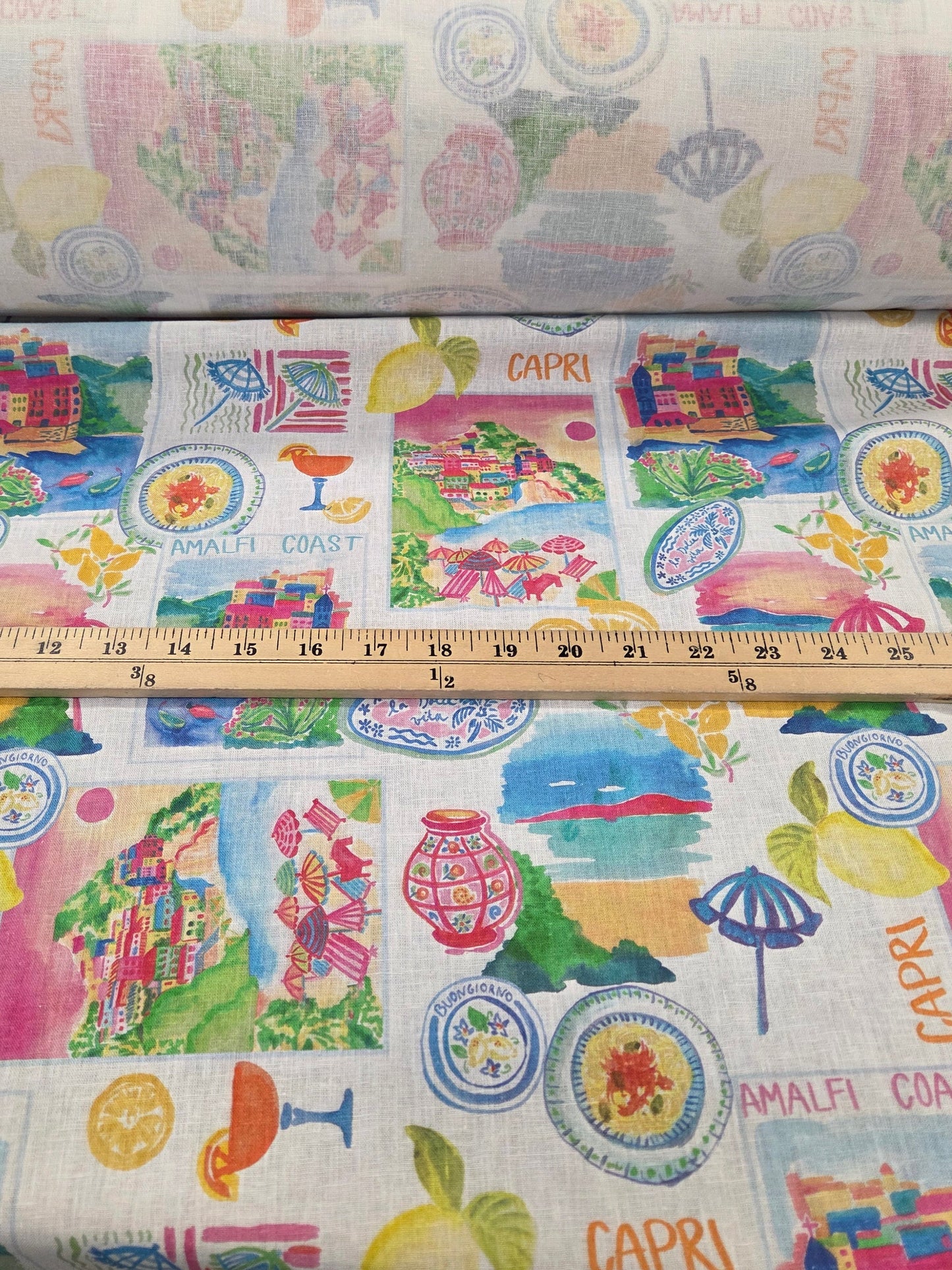 fashion fabrics for garment making ruler to show print scale of resort wear themed woven