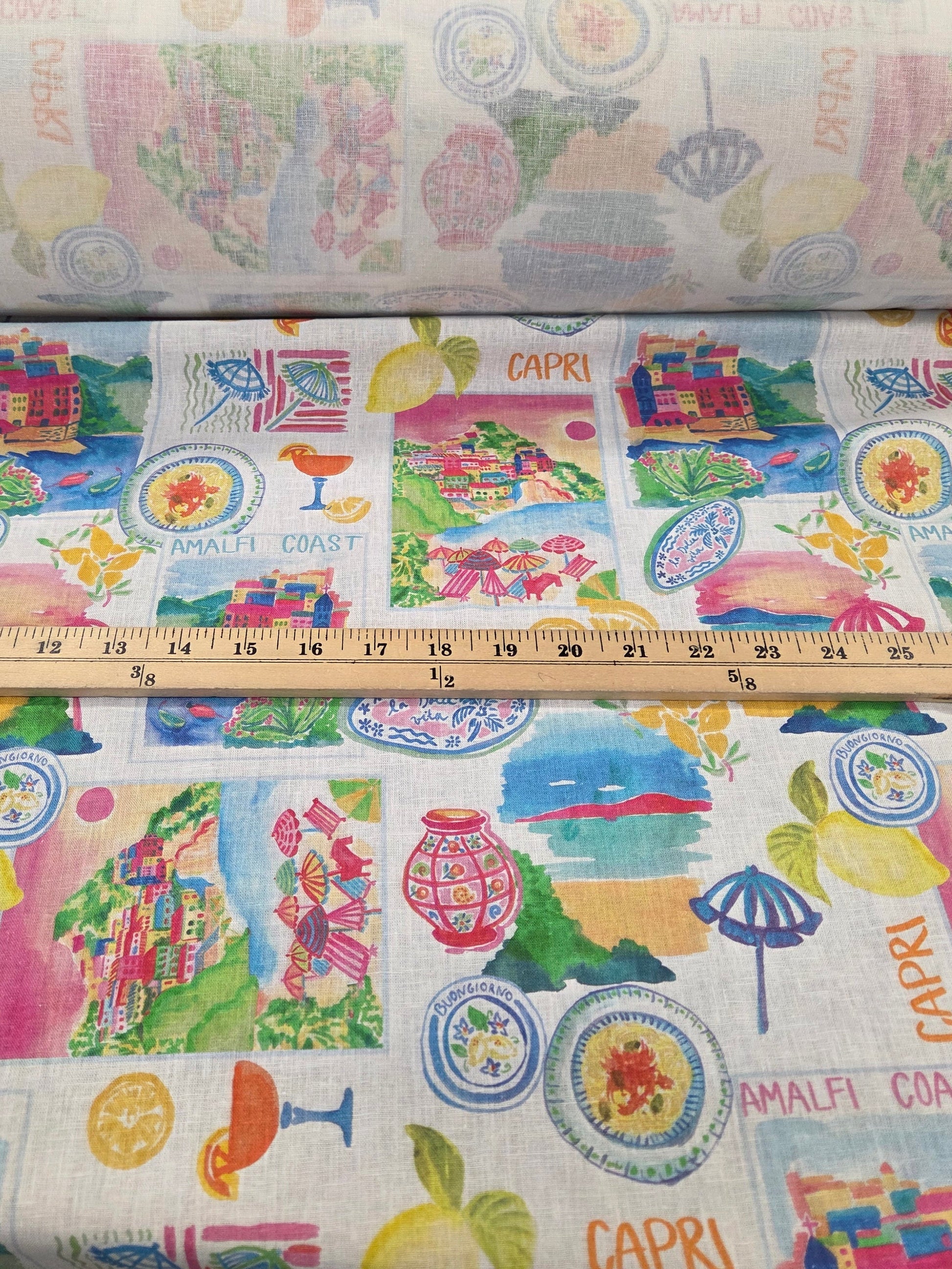 fashion fabrics for garment making ruler to show print scale of resort wear themed woven