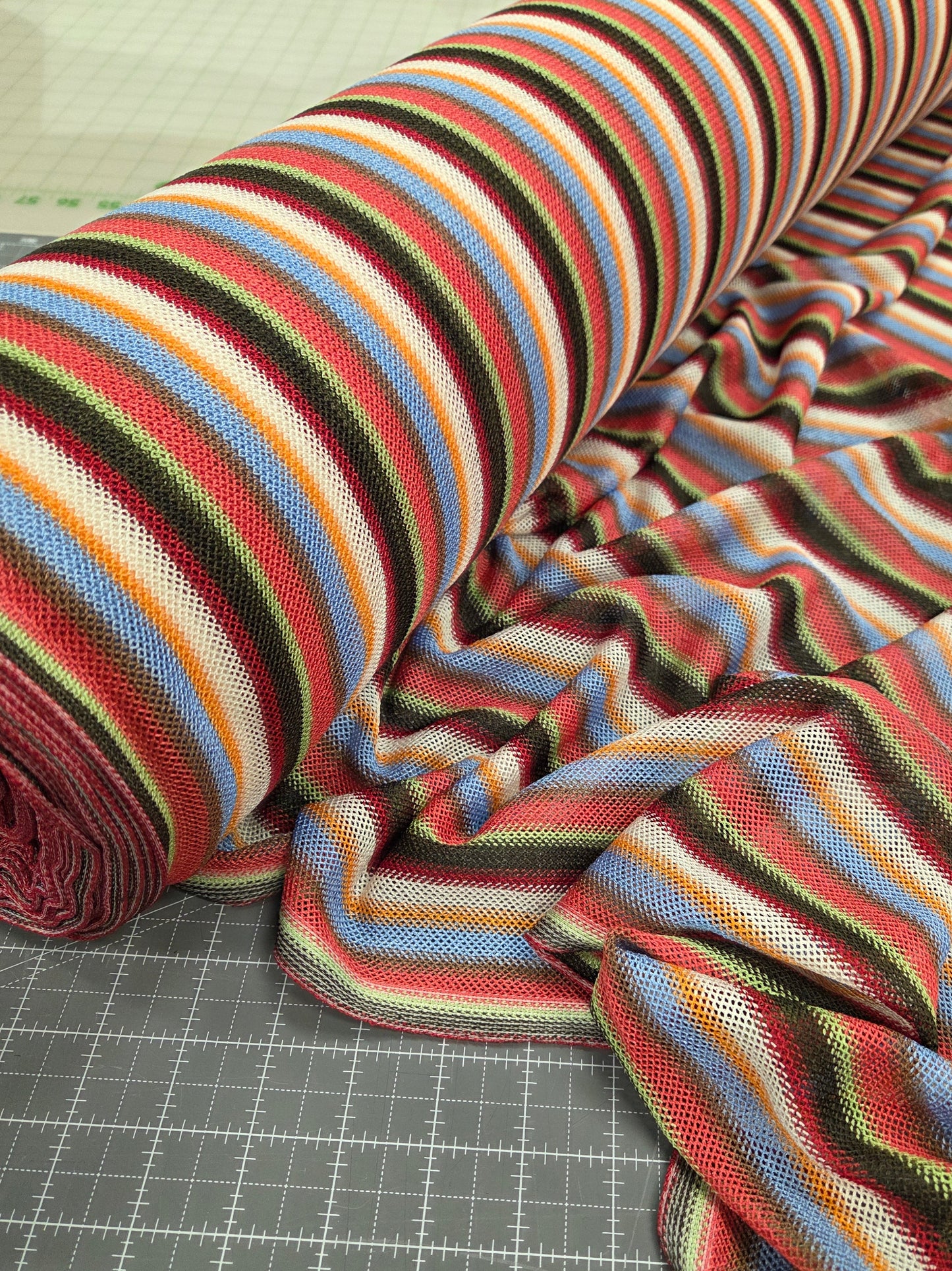 Designer Deadstock Vertical Stripe Sheer Open Weave Sunkissed Tri-Blend Knit- by the yard