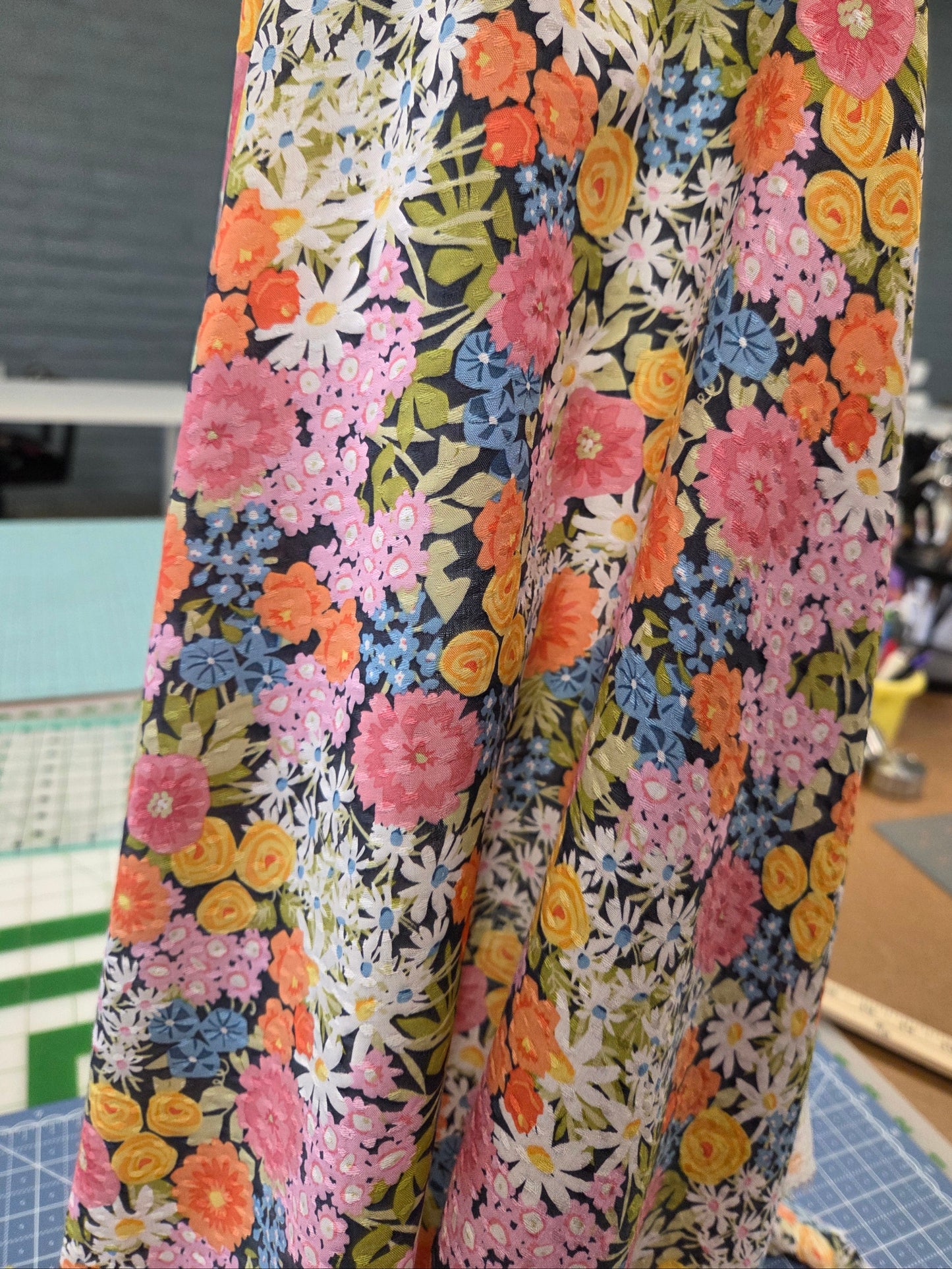 clip dot voile fashion fabric with overlaying florals