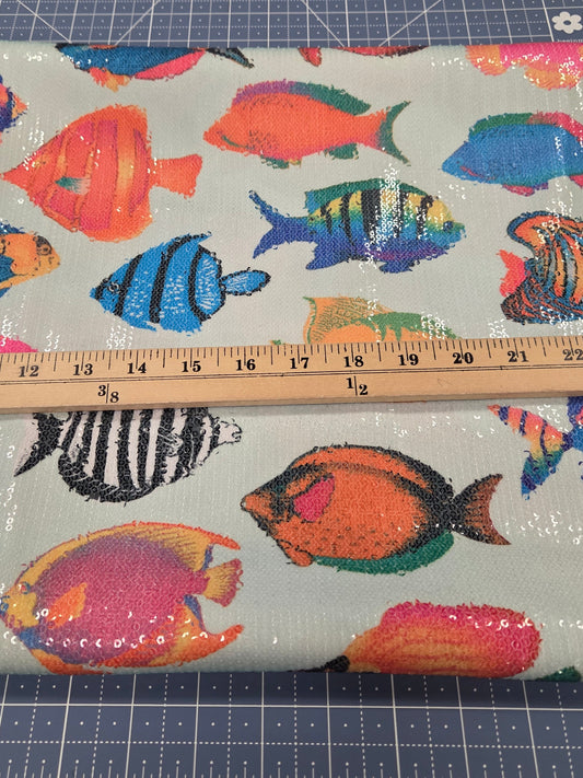 Special Occasion Designer Deadstock Iridescent Sequin Stretch Tropical Fishes on a ITY Jersey Knit- By the yard