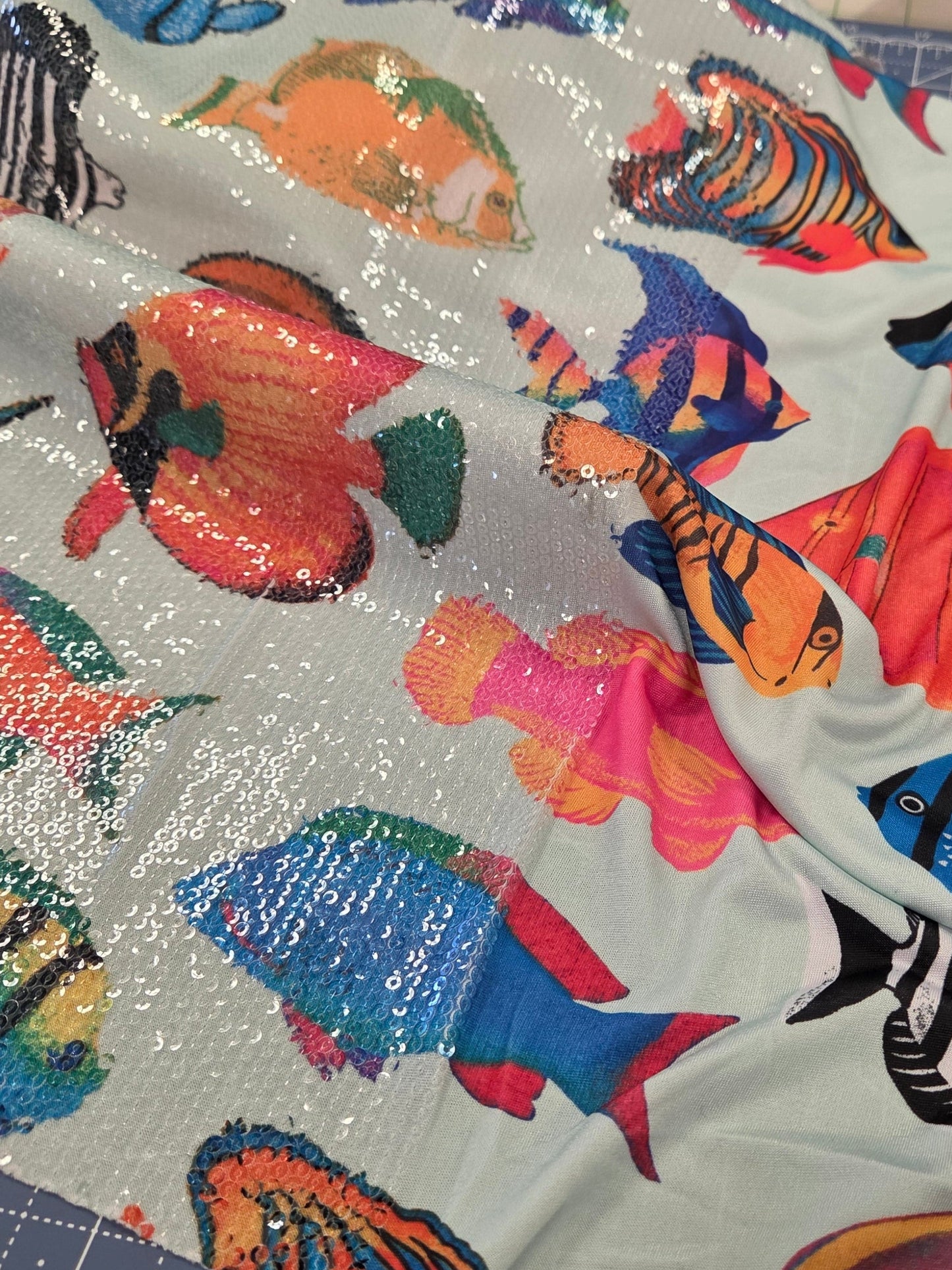 Special Occasion Designer Deadstock Iridescent Sequin Stretch Tropical Fishes on a ITY Jersey Knit- By the yard