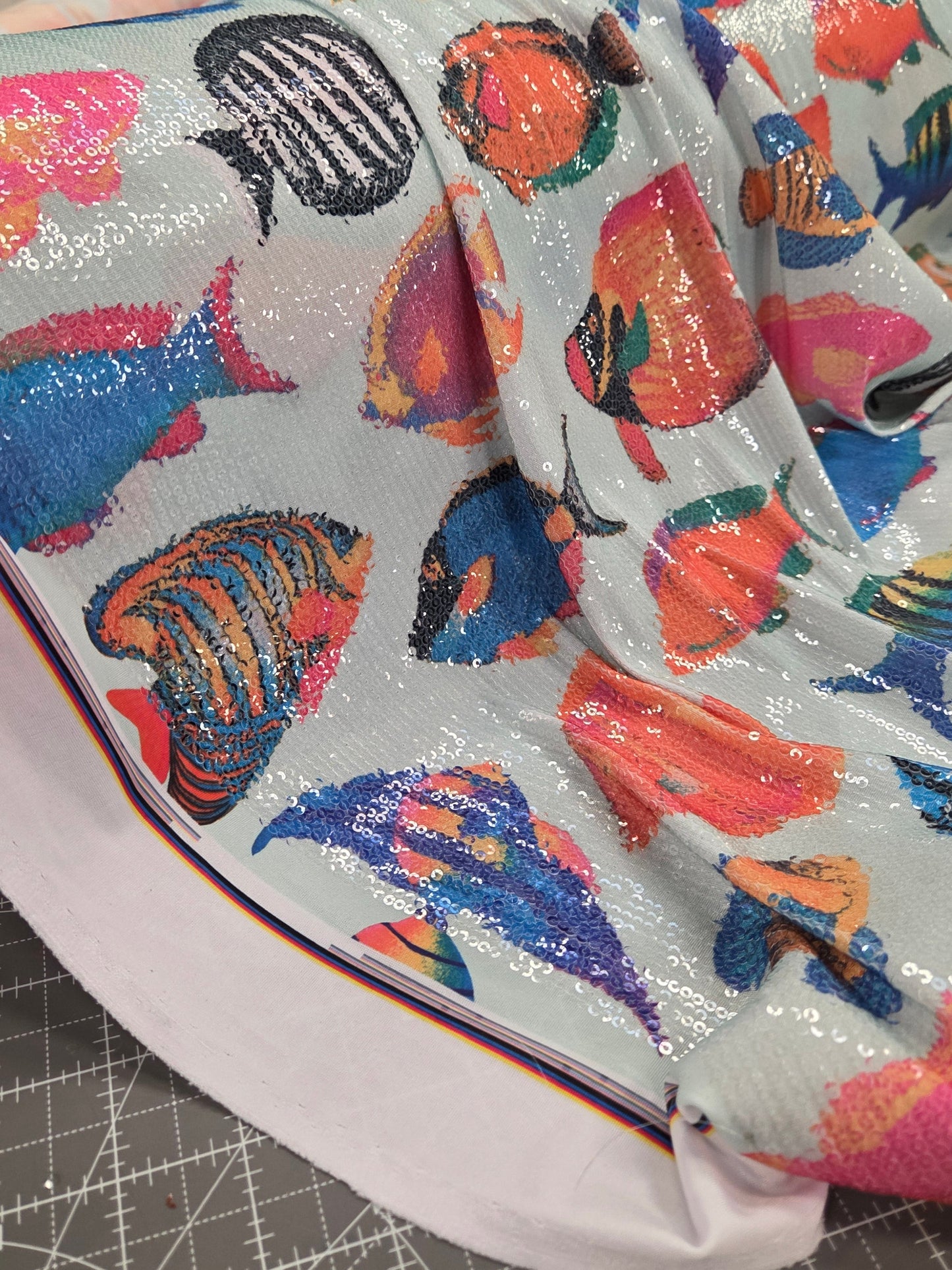 Special Occasion Designer Deadstock Iridescent Sequin Stretch Tropical Fishes on a ITY Jersey Knit- By the yard