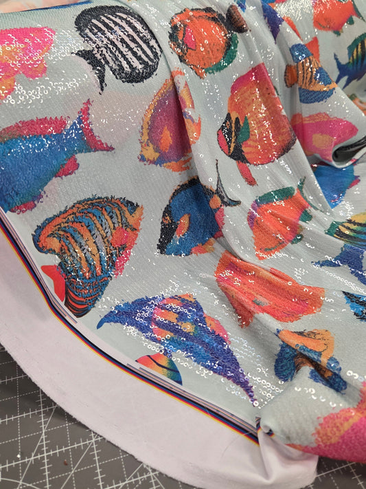 Special Occasion Designer Deadstock Iridescent Sequin Stretch Tropical Fishes on a ITY Jersey Knit- By the yard