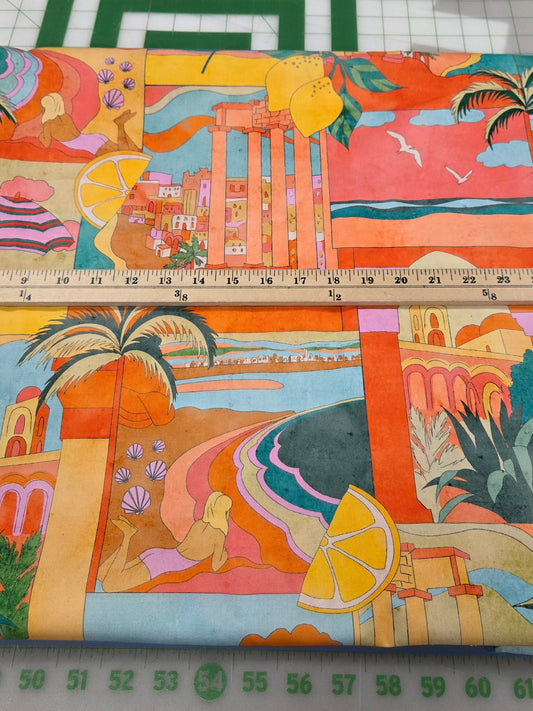 cotton spandex poplin fabric for garment making. Beach print of resort wear to the coast.