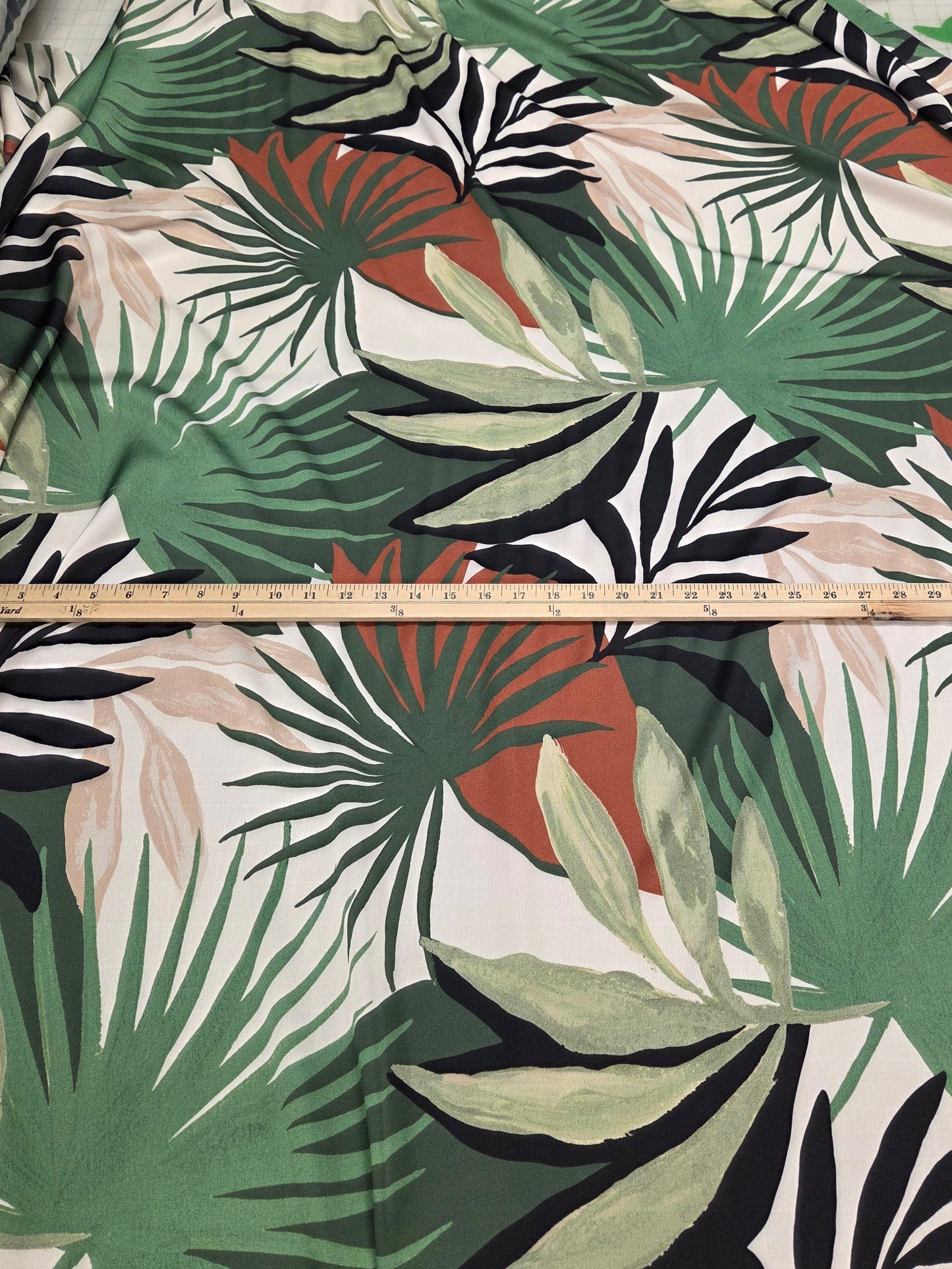 Designer LA Deadstock Resort wear Overlapping Tropical Caribbean Foliage Palms Satin Woven- by the yard